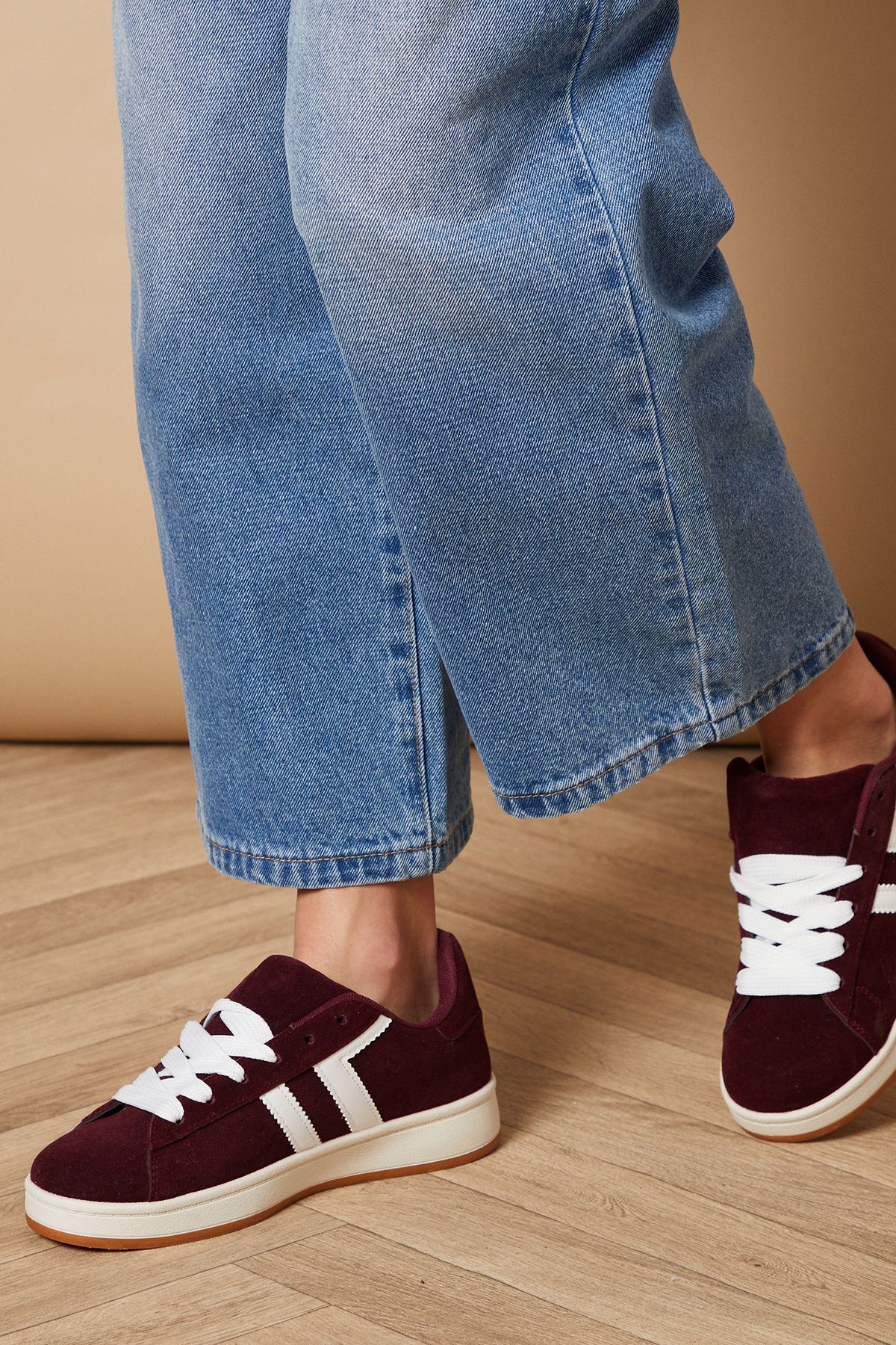 Oasis Leocadia Faux Suede Lace Up Trainers Dark Red