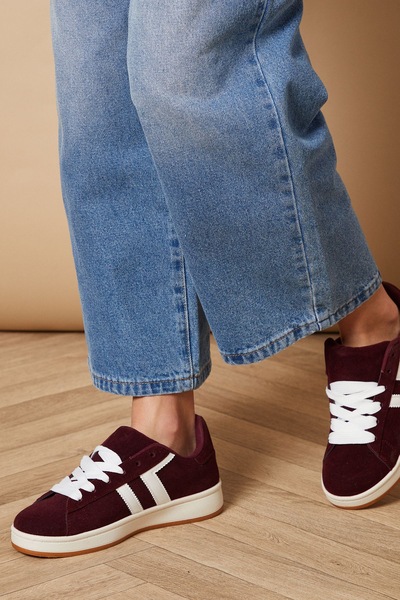 Oasis Leocadia Faux Suede Lace Up Trainers Dark Red