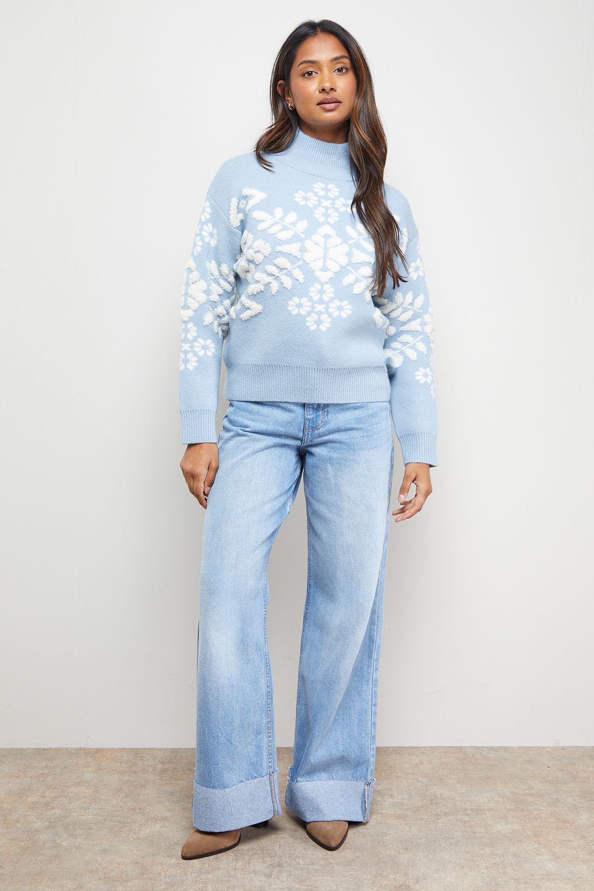 Oasis Geo Print High Neck Cosy Knitted Jumper Powder Blue image 2