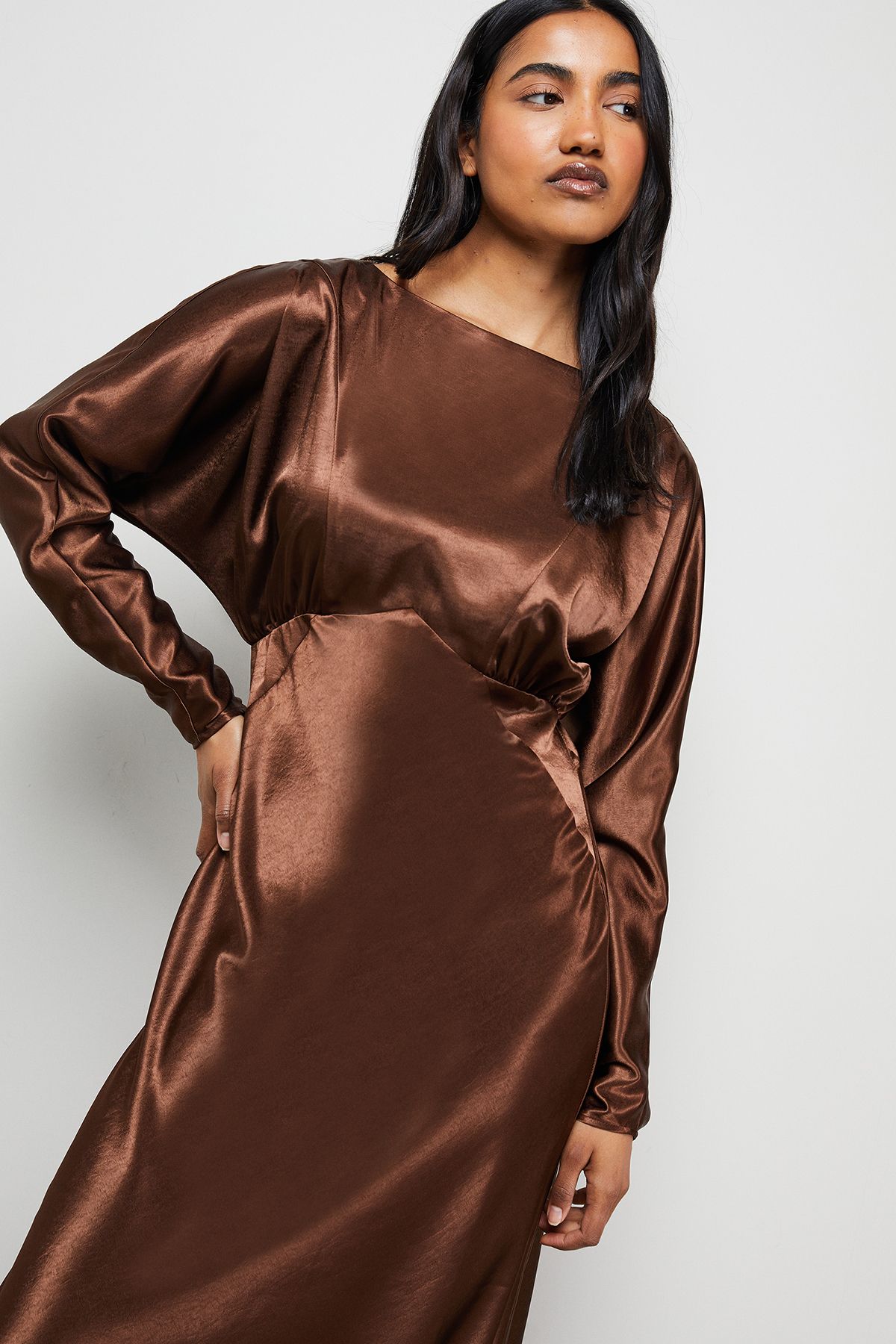 Warehouse Satin Batwing Draped Midaxi Chocolate image 2