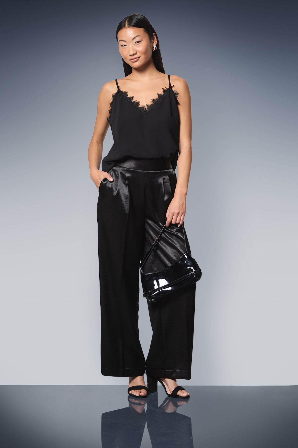Dorothy Perkins Petite Satin Wide Leg Trousers Black image 1