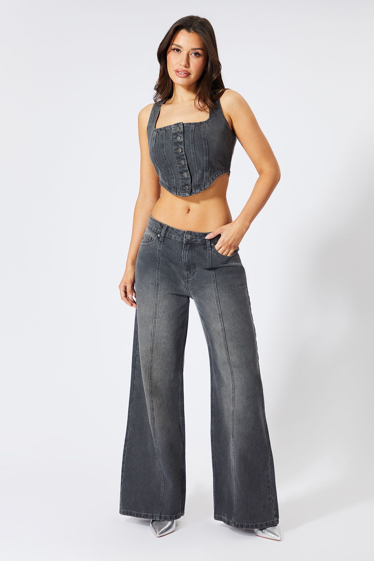 MissPap Denim Seam Front Wide Leg Jeans Grey image 1