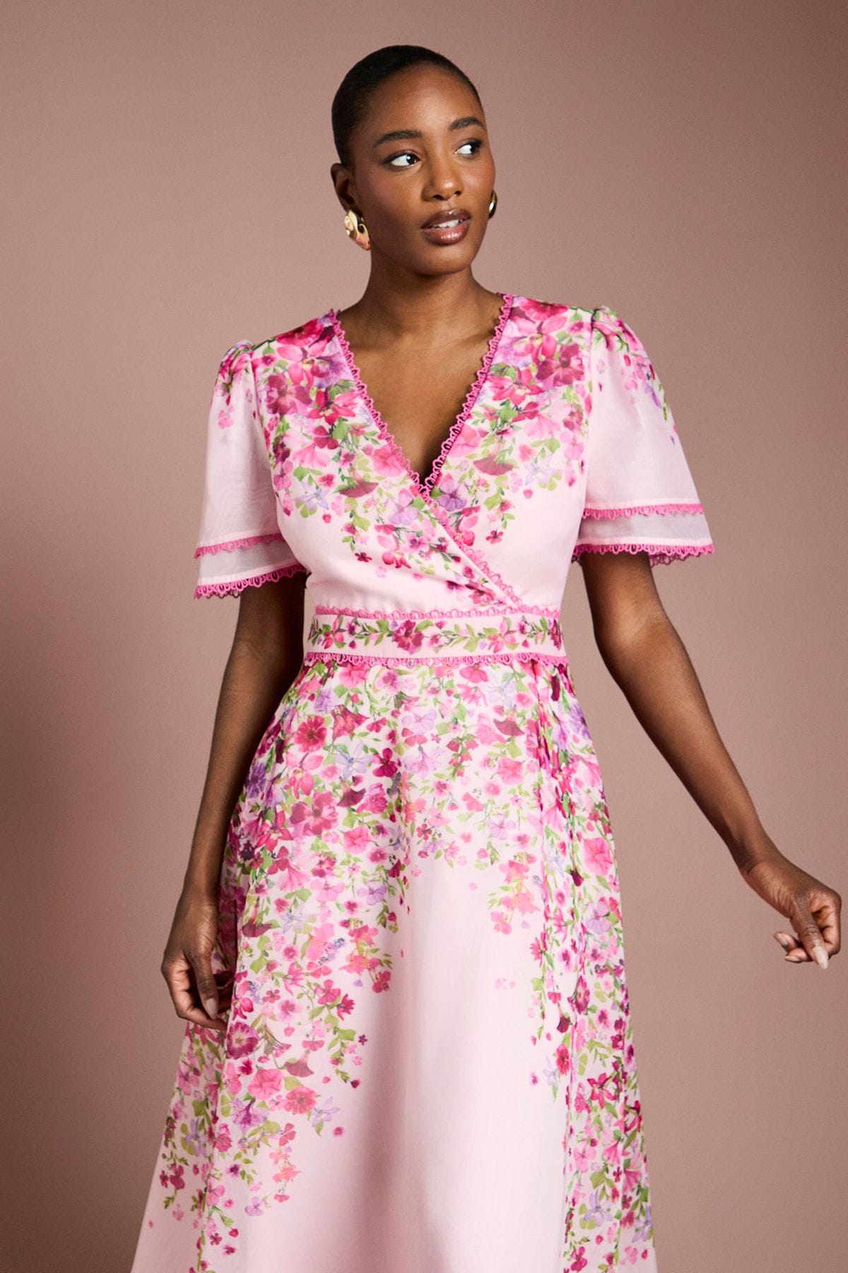 Coast Placement Print Trailing Floral Organza Wrap Midi Dress Pink image 2