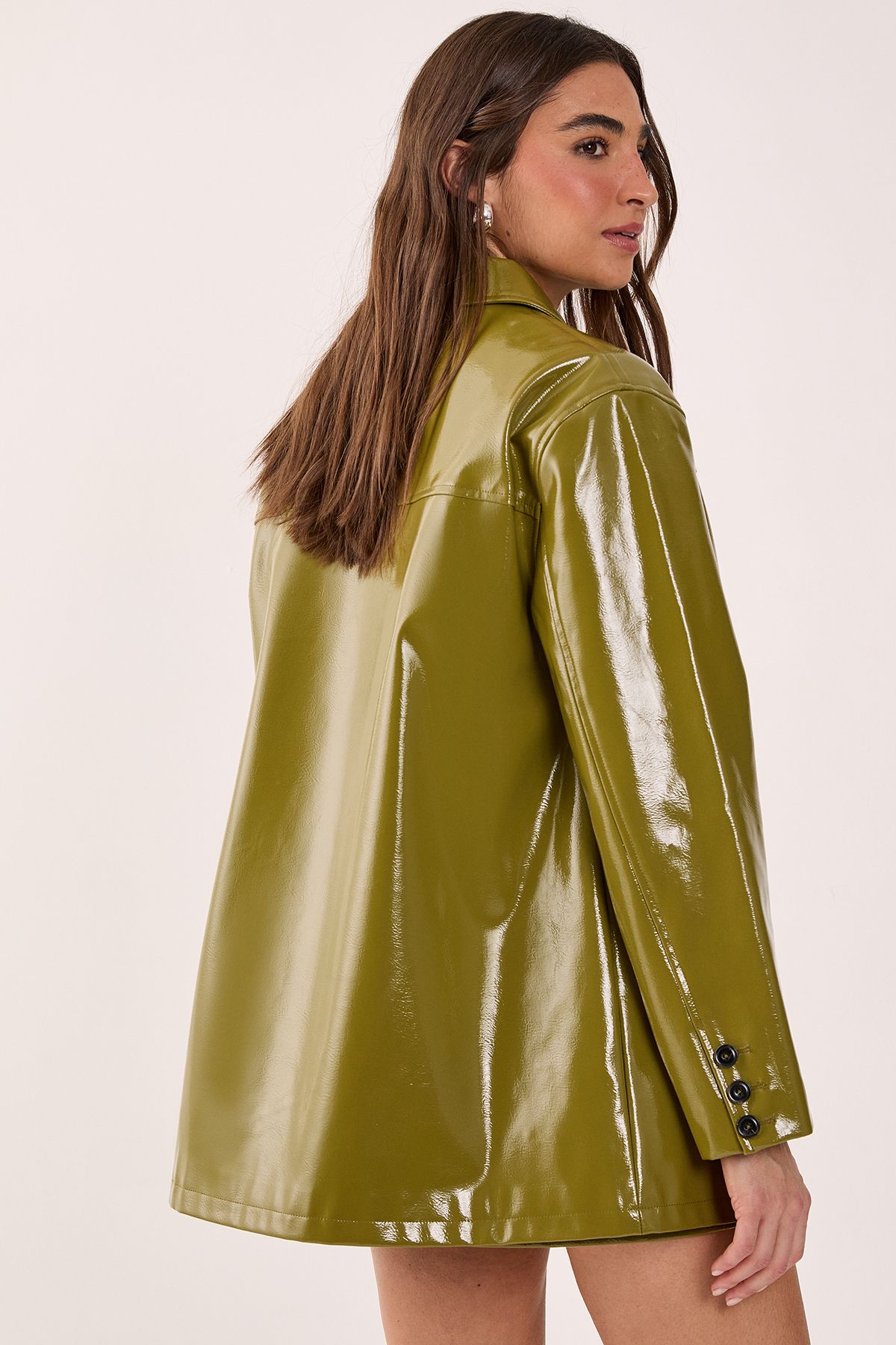 NastyGal Vinyl High Clean Longline Jacket Olive image 4