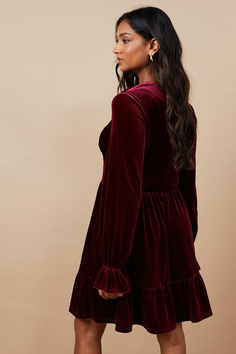 Oasis Occasion Velvet Ruffle Hem Mini Dress Wine image 3