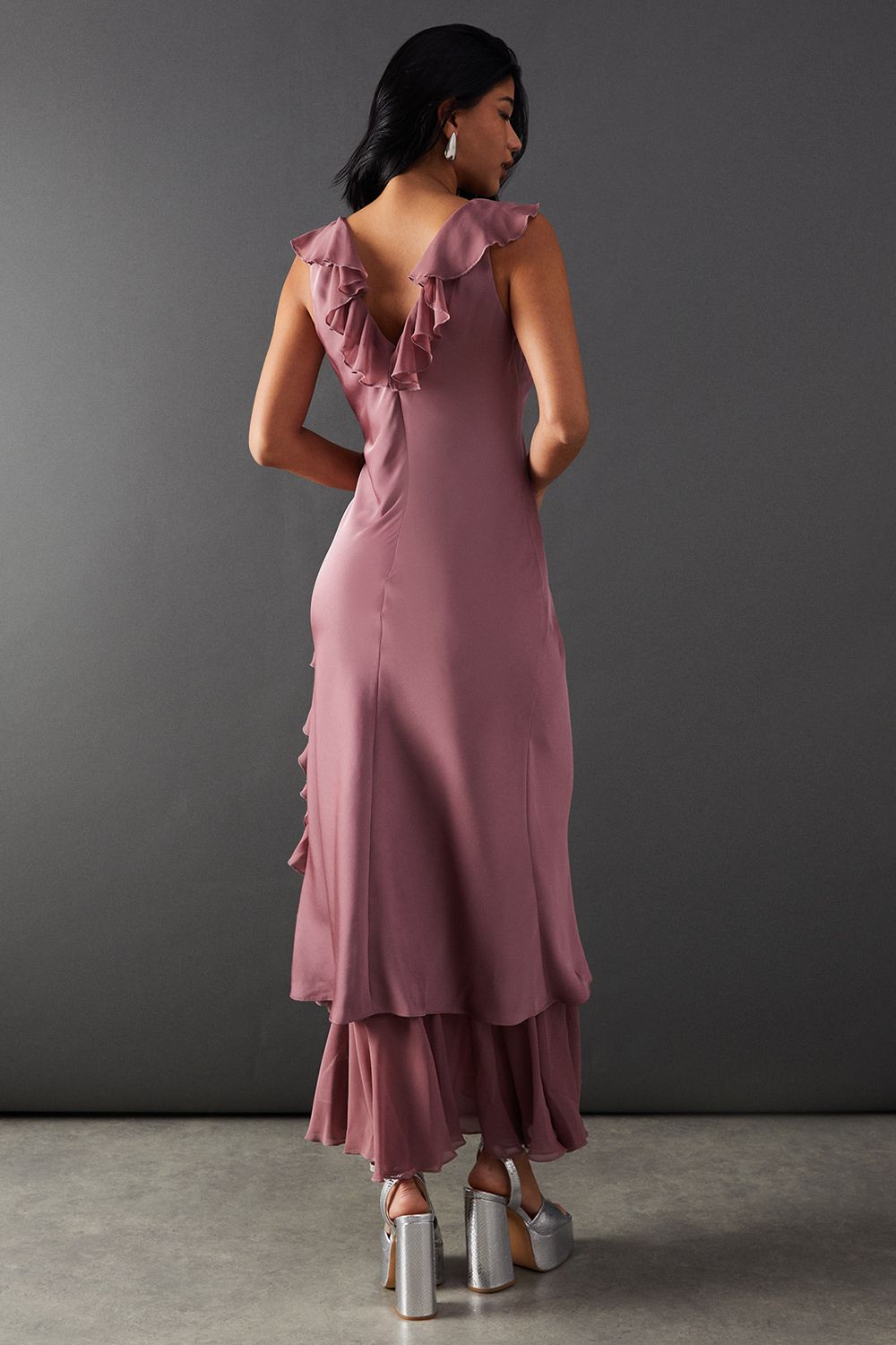 Warehouse Satin Wrap Chiffon Frill Detail Midi Dress Mauve image 3