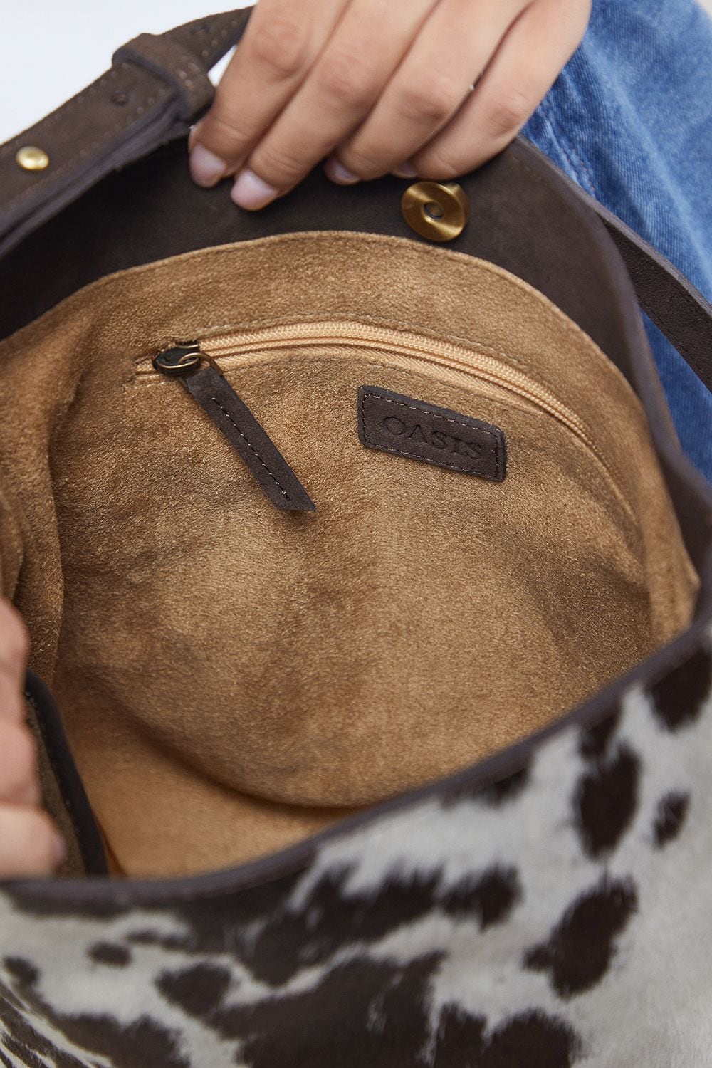 Oasis Lilah Real Leather Cow Print Slouch Bags Brown image 3