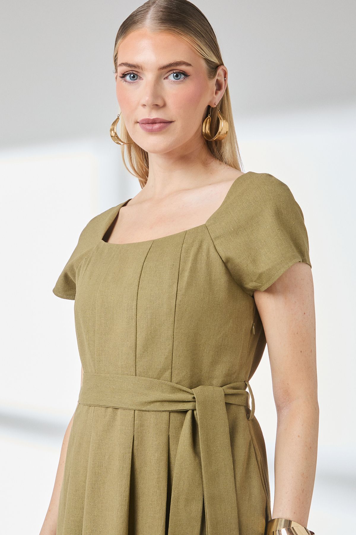 Principles Olive Square Neck Belted Linen Midi Dress Olive image 3