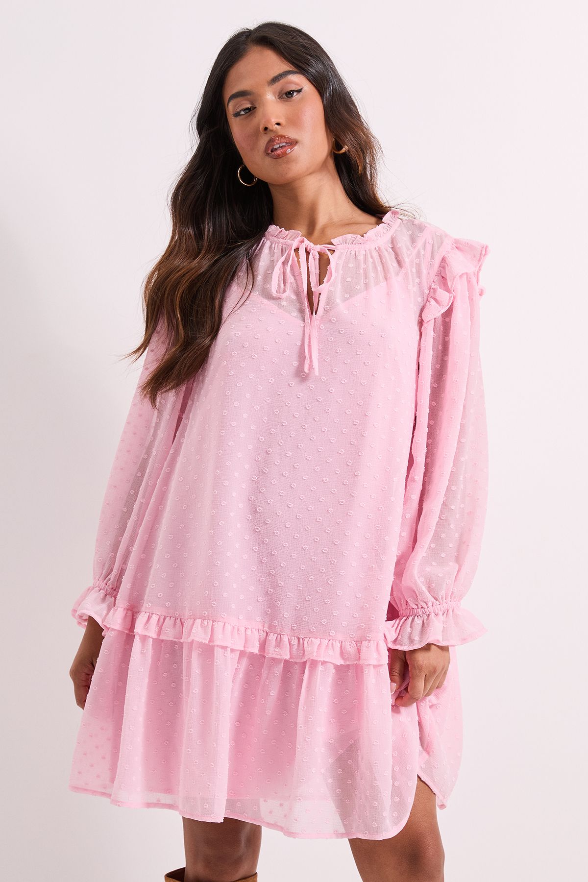 Dorothy Perkins Petite Tiered Hem Tie Neck Shift Dress Blush image 2