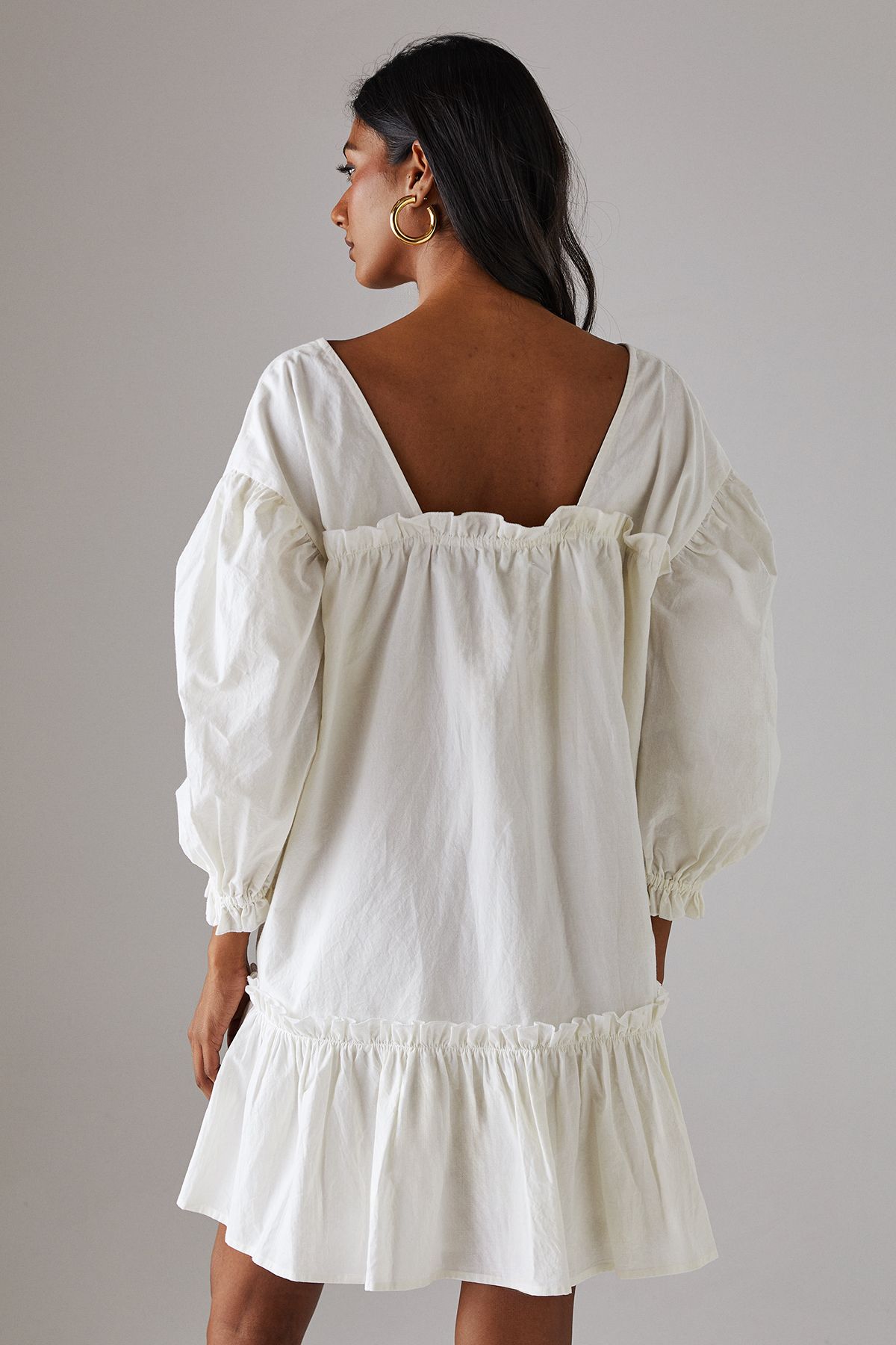 Warehouse Poplin Frill Balloon Sleeve Mini Smock Dress White image 3