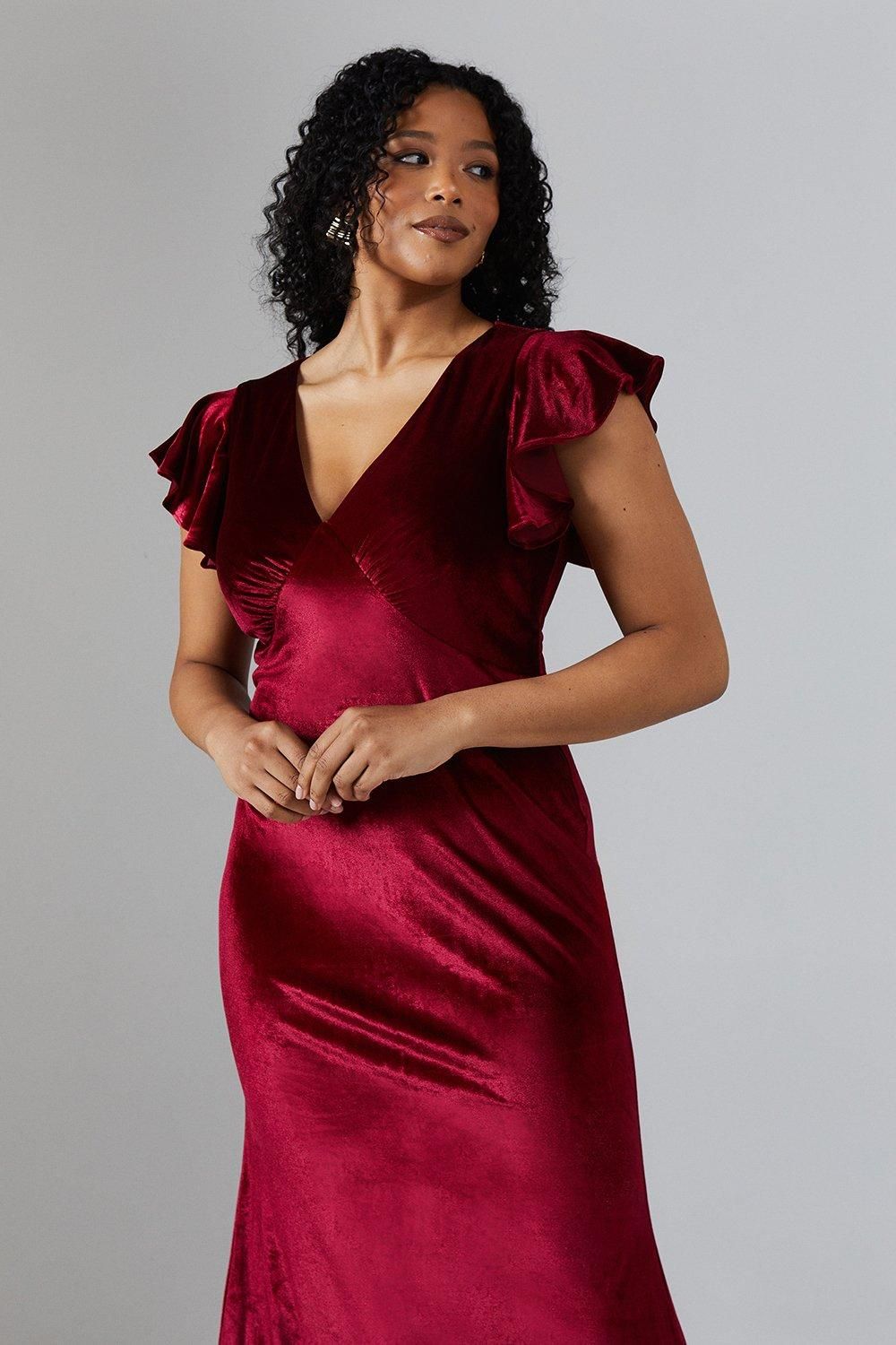 Coast V Neck Ruffle Sleeve Velvet Bridesmaid Dress Malbec image 3