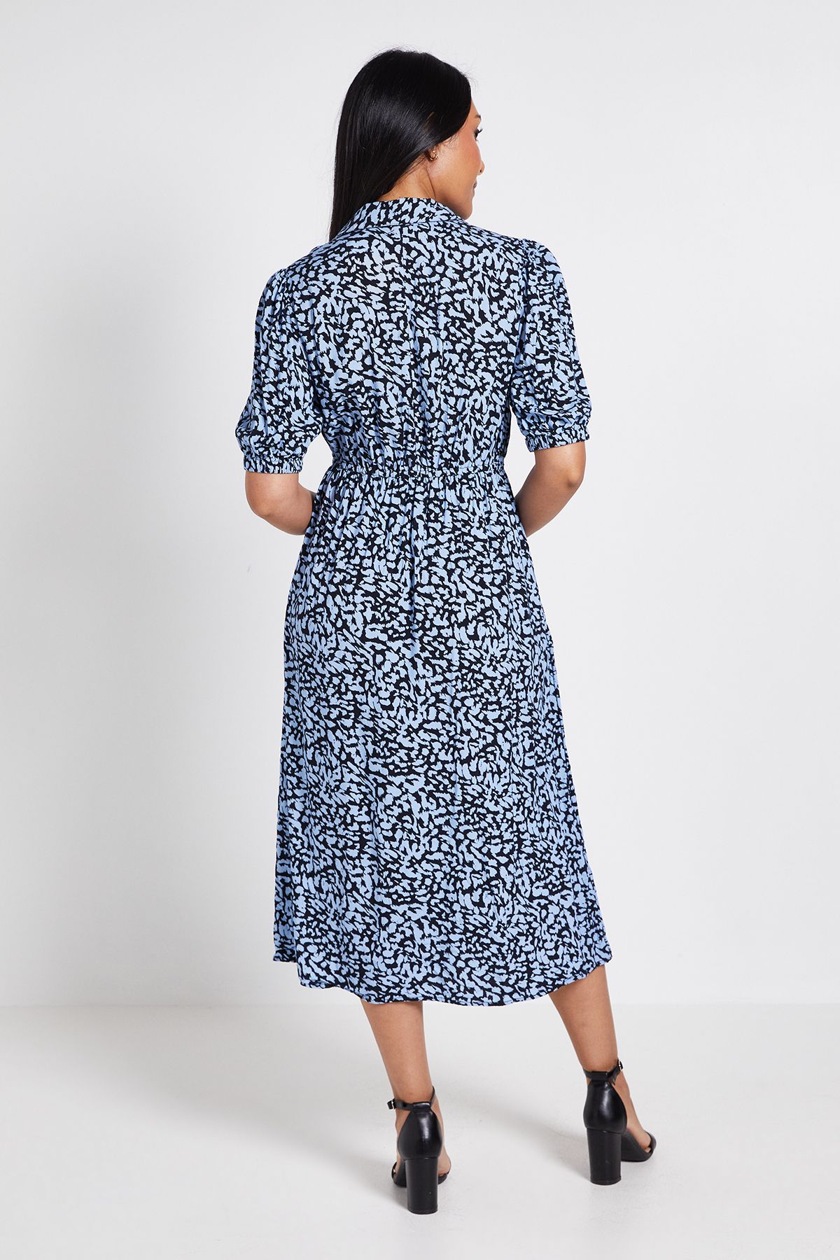 Dorothy Perkins Petite Blue Collared Button Detail Puff Sleeve Midi Dress Blue image 3