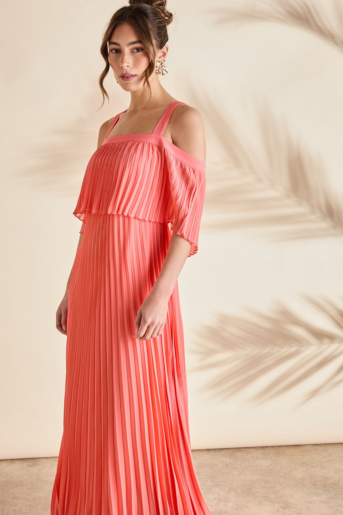 Coast Pleated Off The Shoulder Midi Dress Coral image 2