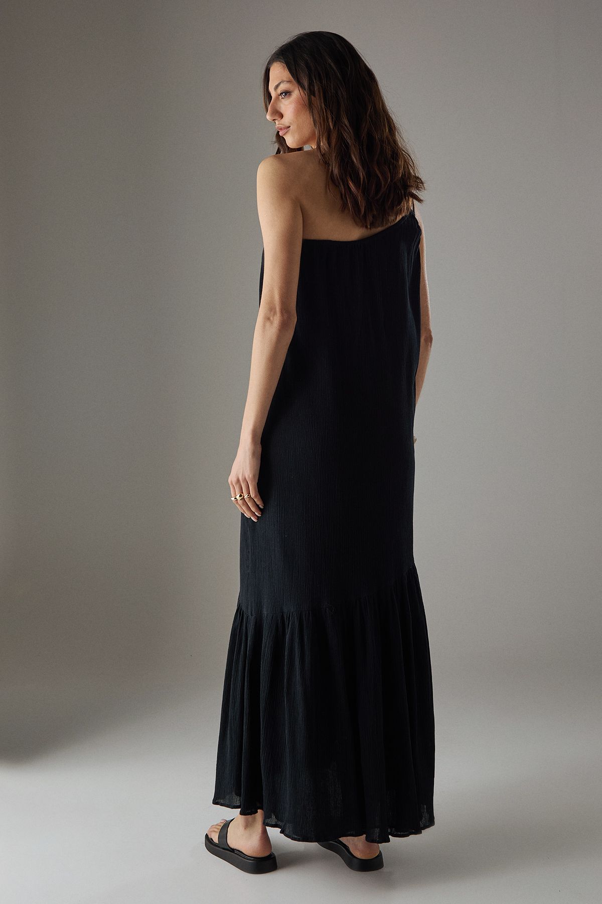 Warehouse Cheesecloth Double Strap One Shoulder Maxi Sundress Black image 4