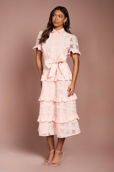 Coast Tiered Lace Shirt Midi Dress Peach