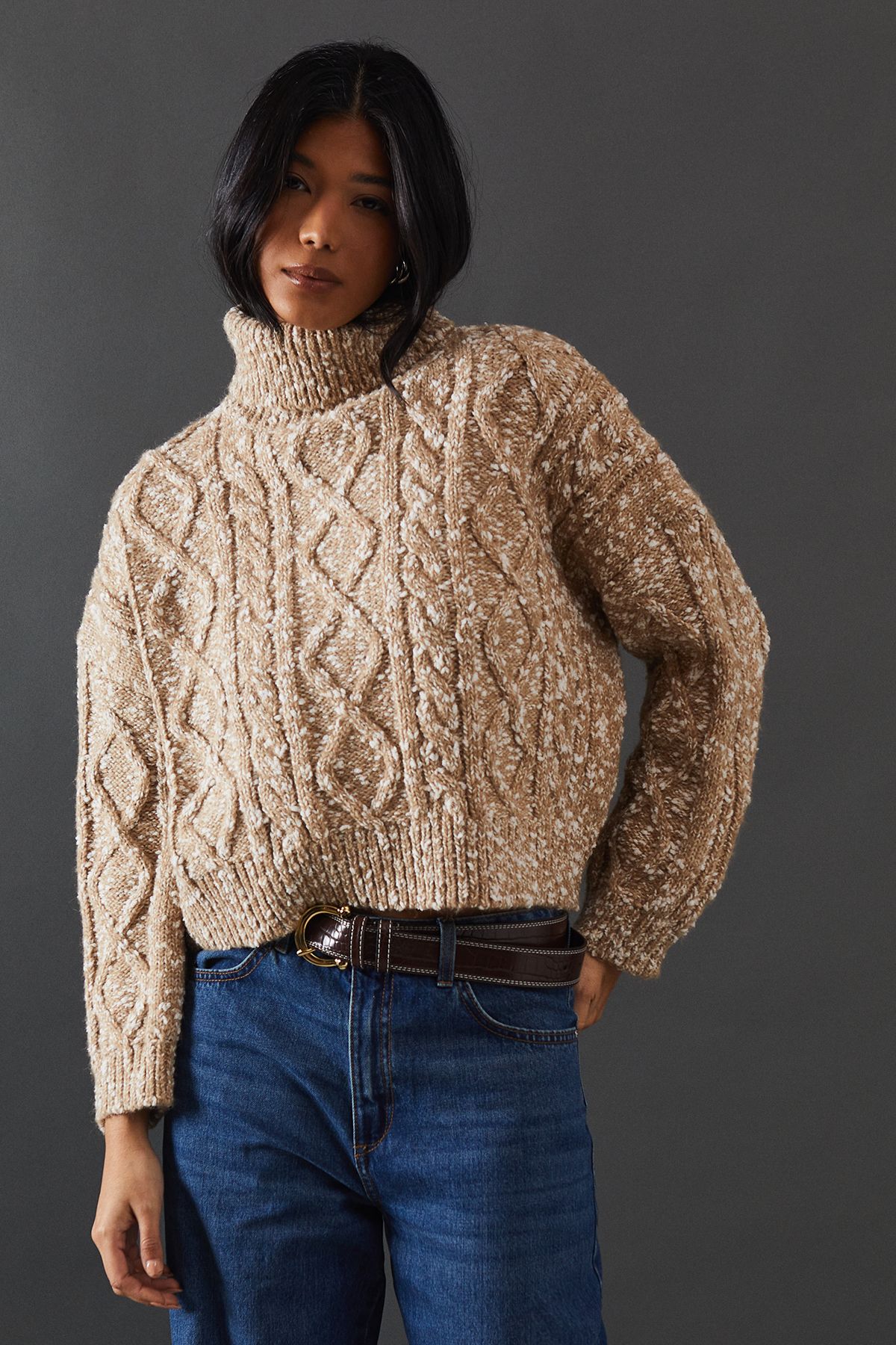 Warehouse Cable Knit Roll Neck Jumper Camel image 1