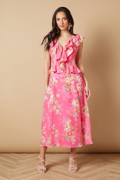 Oasis Floral Ruffle Detail V Neck Midi Dress Bubblegum