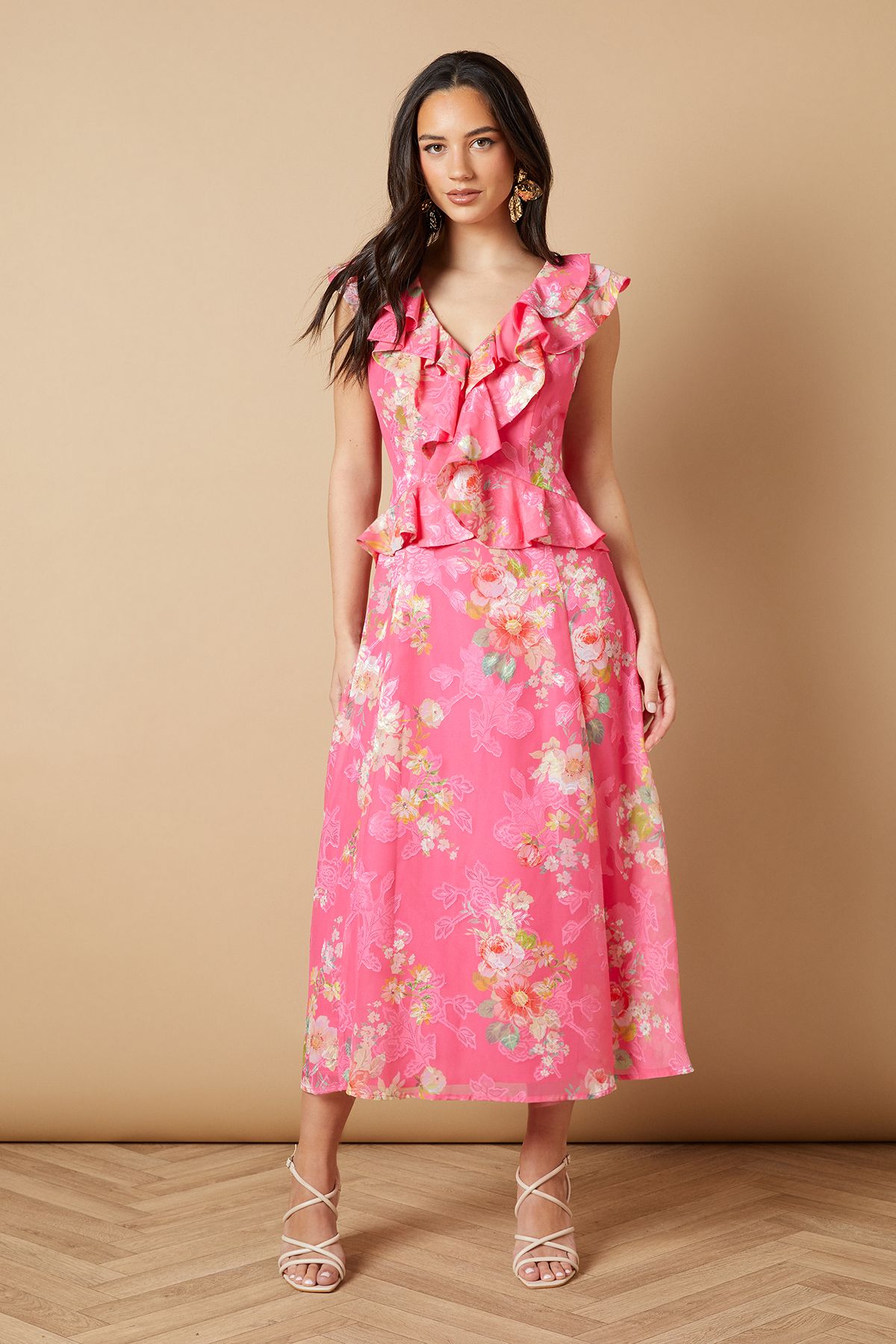 Oasis Floral Ruffle Detail V Neck Midi Dress Bubblegum image 1