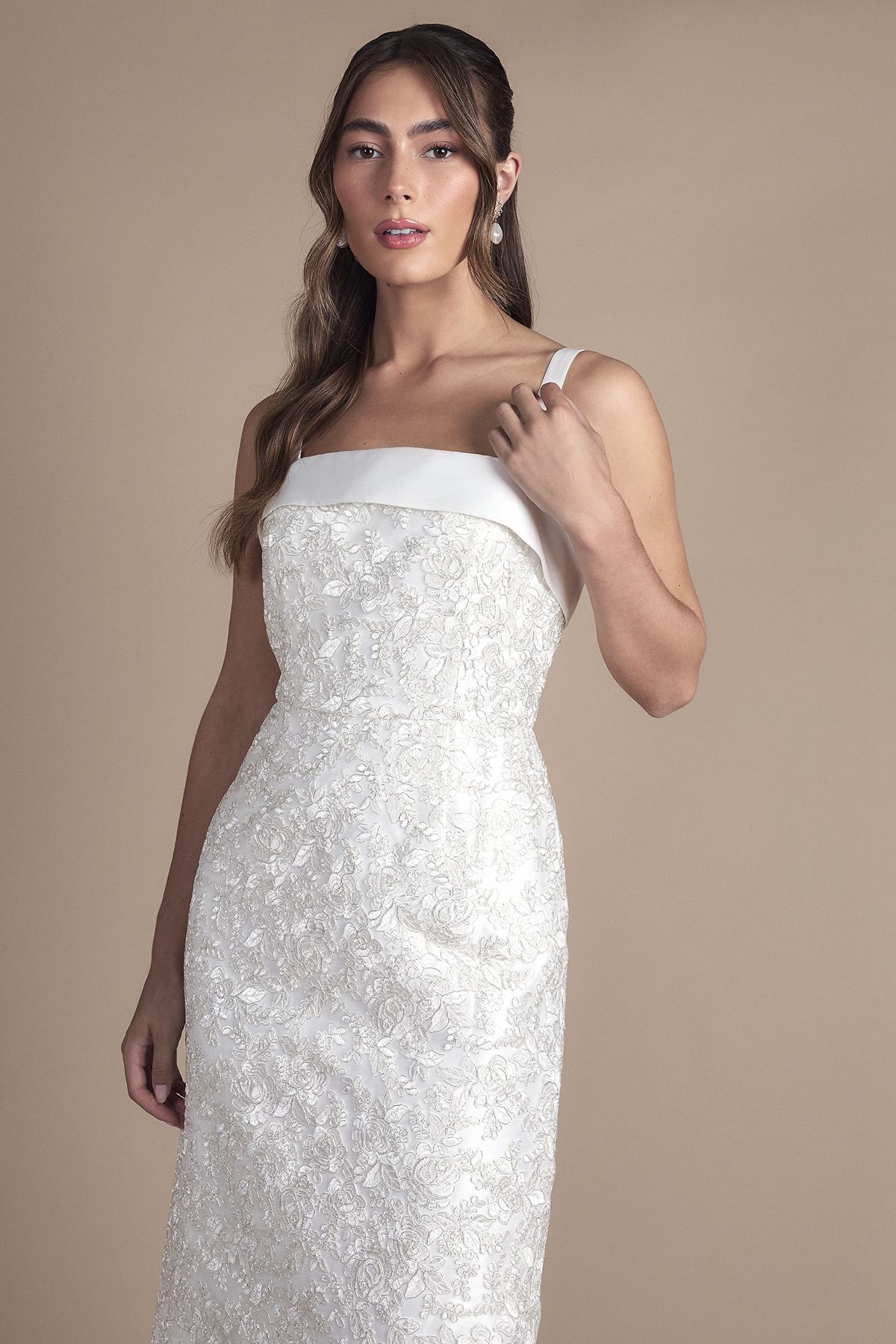 Coast Ornate Lace and Twill Column Maxi Wedding Dress Ivory image 2