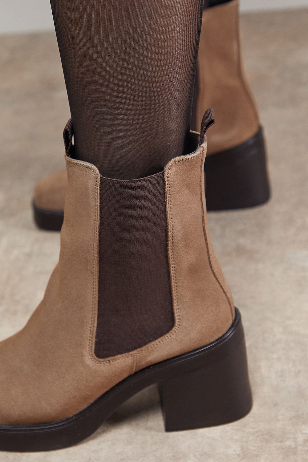 Oasis Barbara Suede Chunky High Heeled Chelsea Boots Taupe image 4