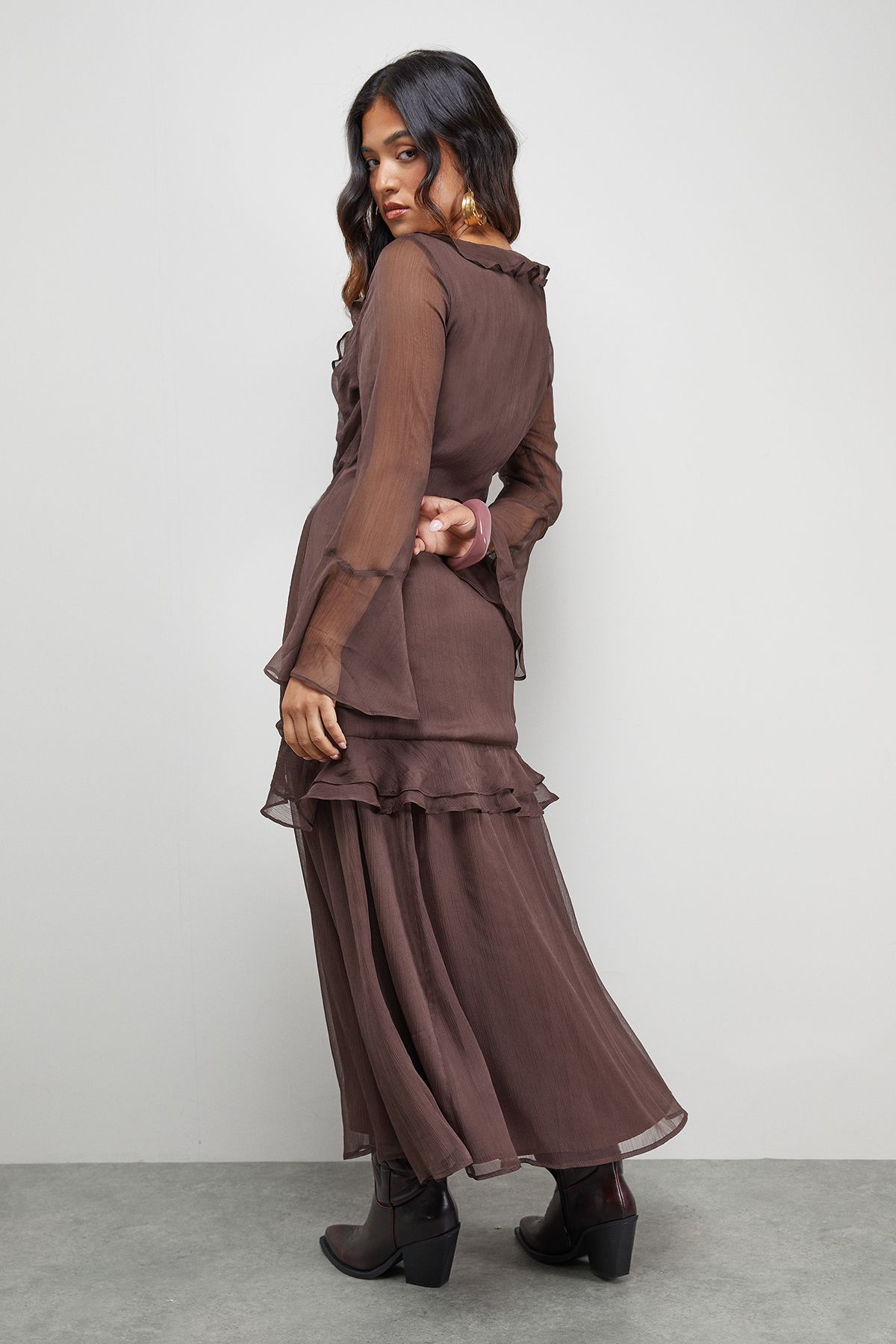 Warehouse Petite Chiffon Ruffle Gathered Bodice Midi Dress Chocolate image 3