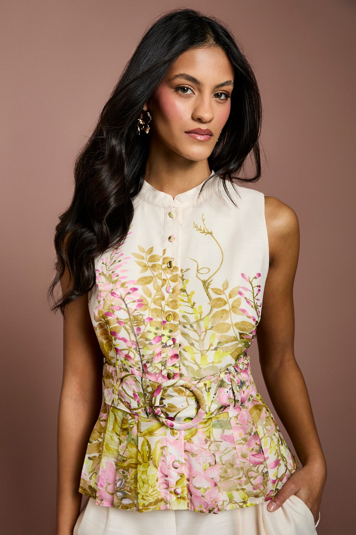 Coast Petite Placement Print Button Through Belted Blouse Yellow