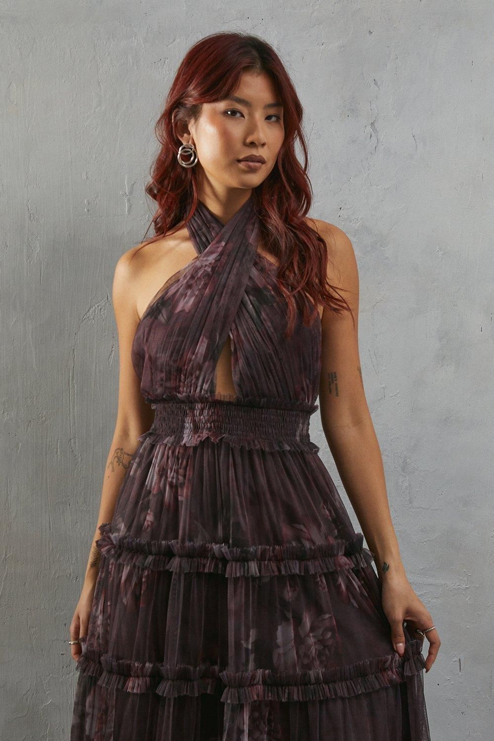 Warehouse Tulle Floral Halter Shirred Waist Tier Maxi Dress Multi image 2