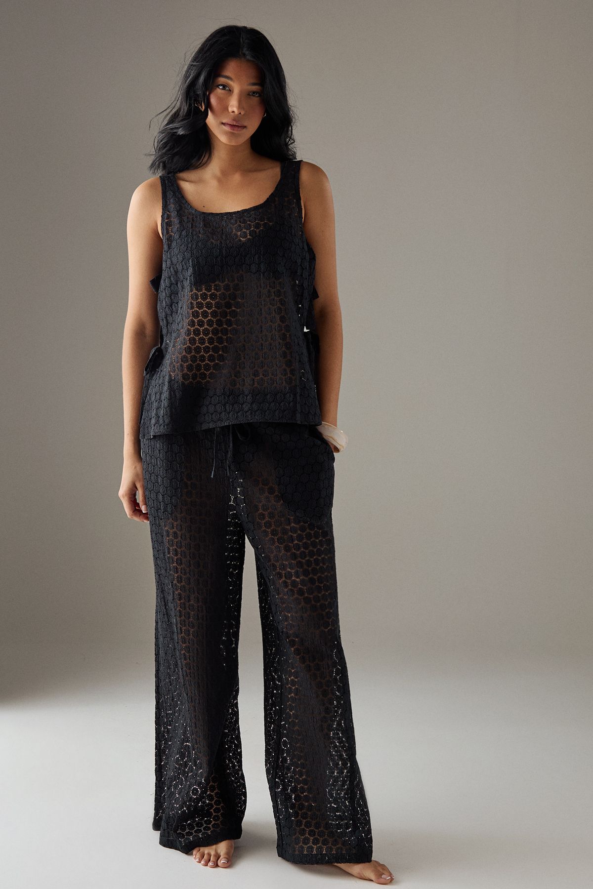 Warehouse Crochet Tie Side Tank Top Black image 2