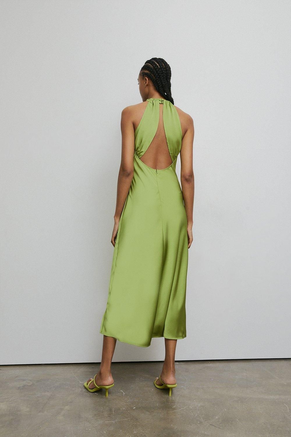 Warehouse Satin Halter Neck Backless Slip Dress Green image 4