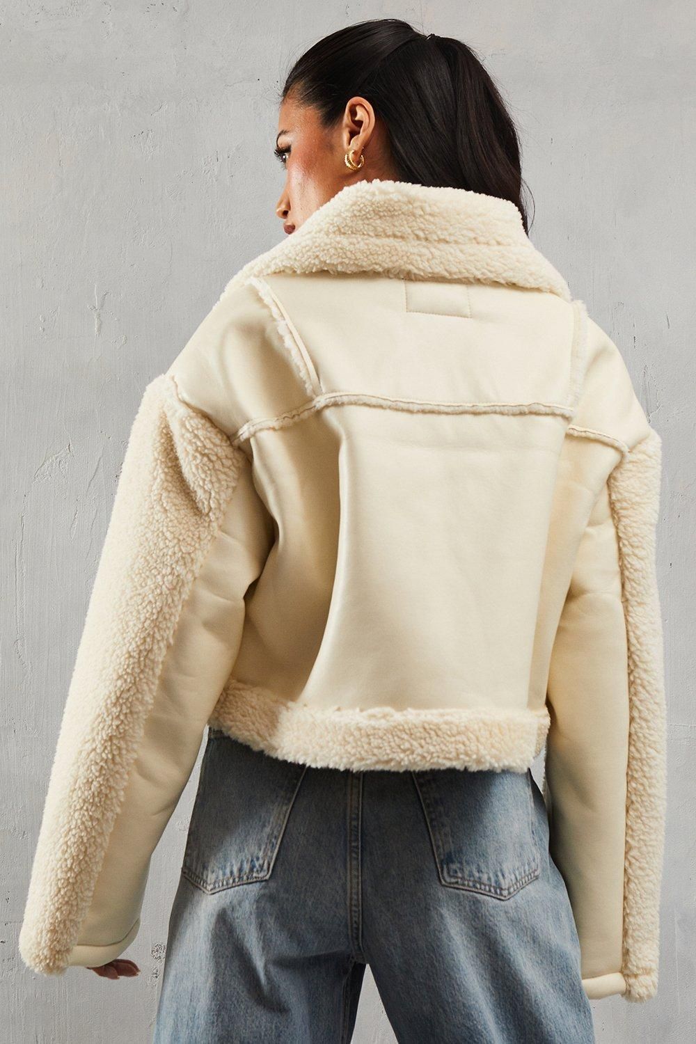 MissPap Borg Buckle Detail Cropped Aviator Jacket Cream image 3