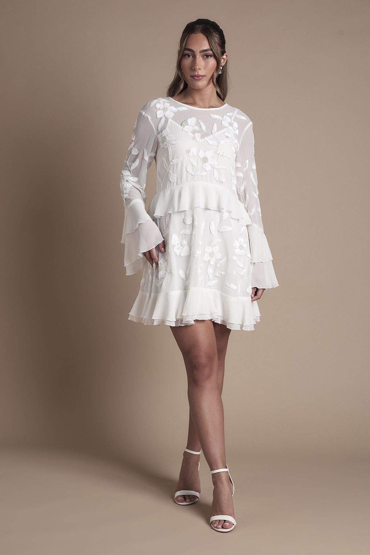 Coast Sequin Long Sleeve Ruffle Mini Wedding Dress Ivory image 3