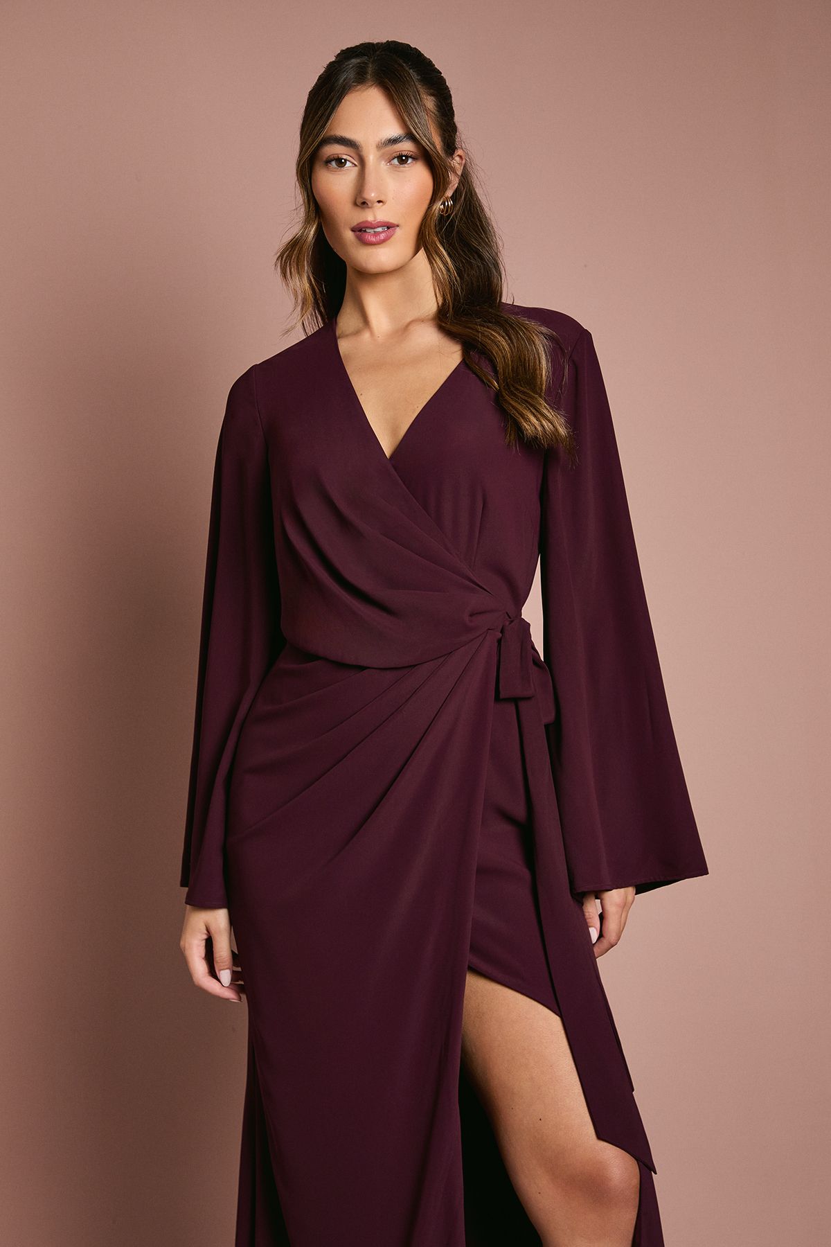 Coast Wrap Waist Crepe Long Sleeve Bridesmaid Dress Fig image 4