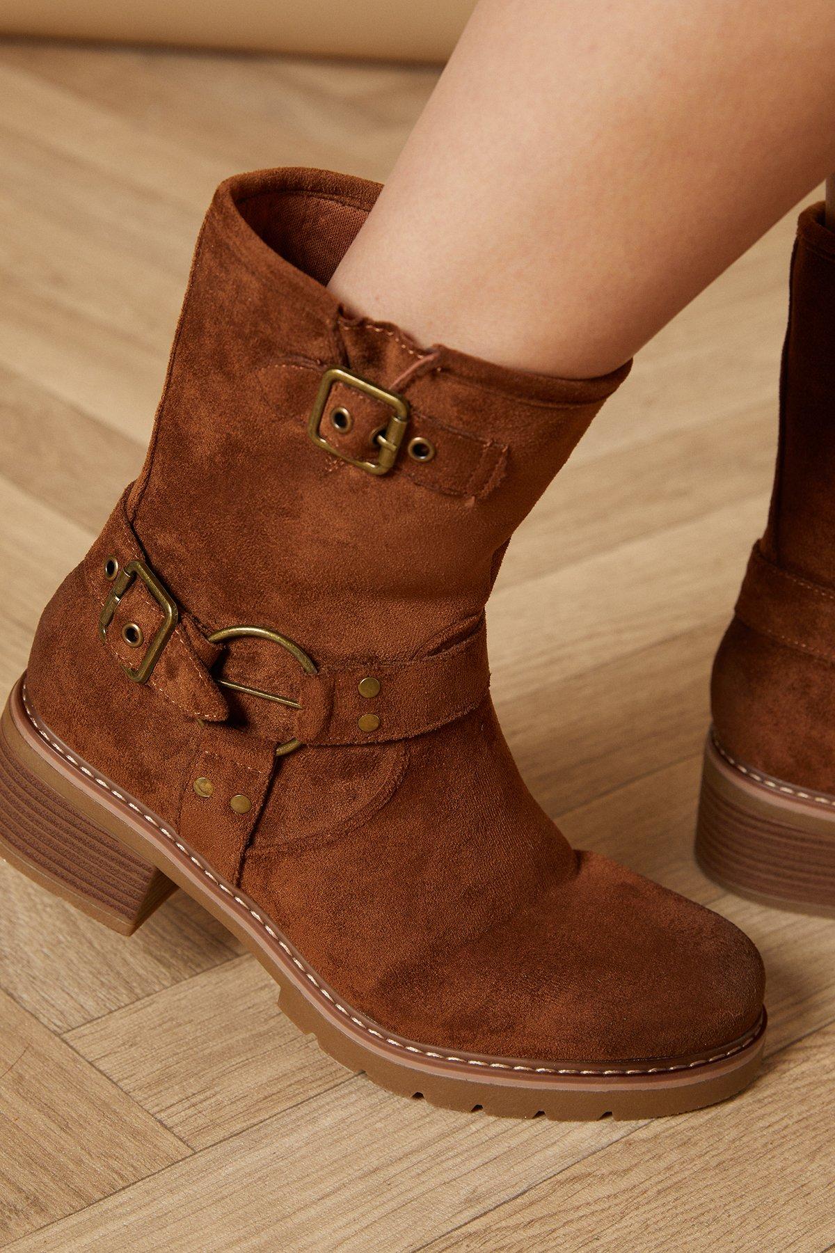 Oasis Lila Faux Suede Chunky Biker Calf Boots Dark Tan image 4