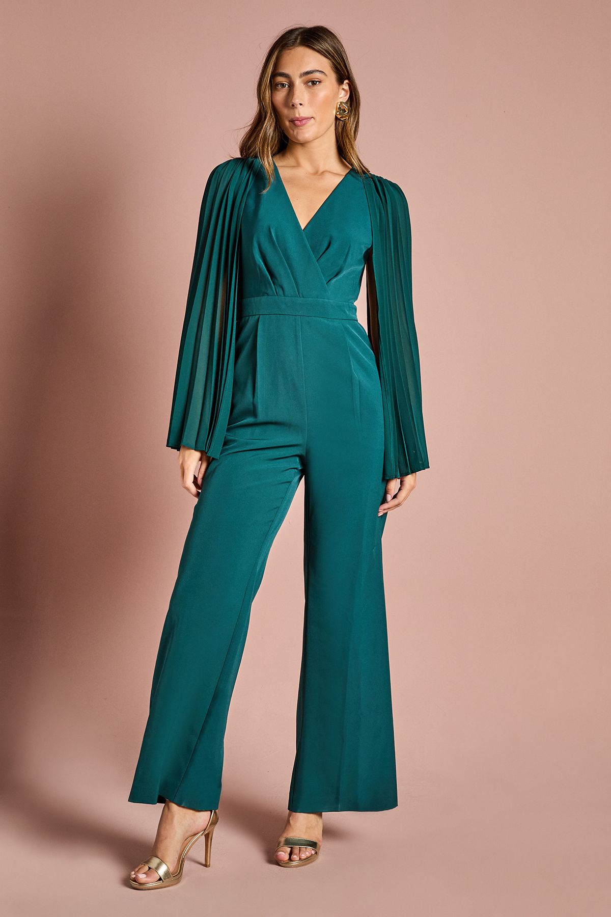 Coast V Neck Pleated Long Sleeve Jumpsuit Emerald