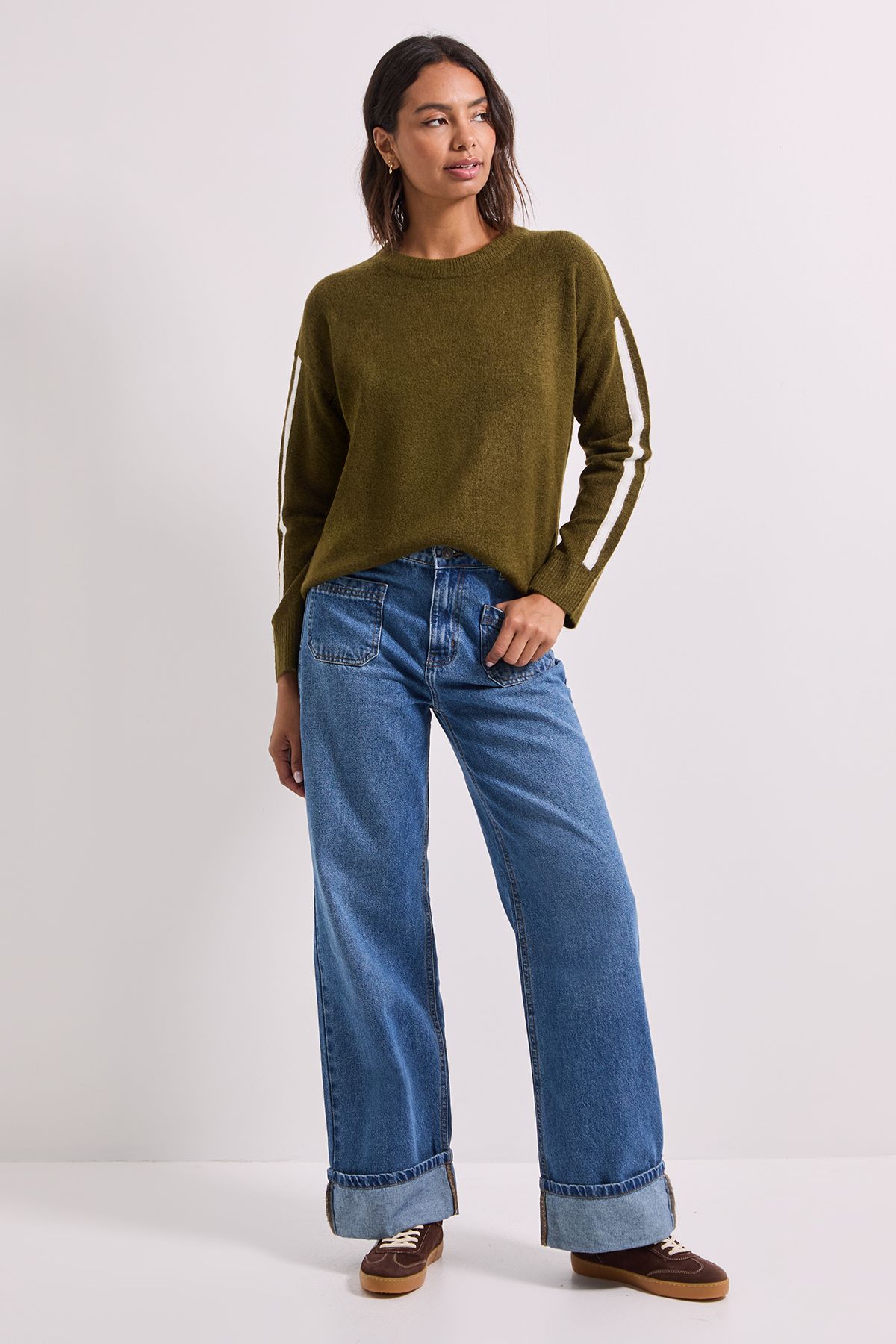 Dorothy Perkins Stripe Sleeve Crew Neck Jumper Olive image 2