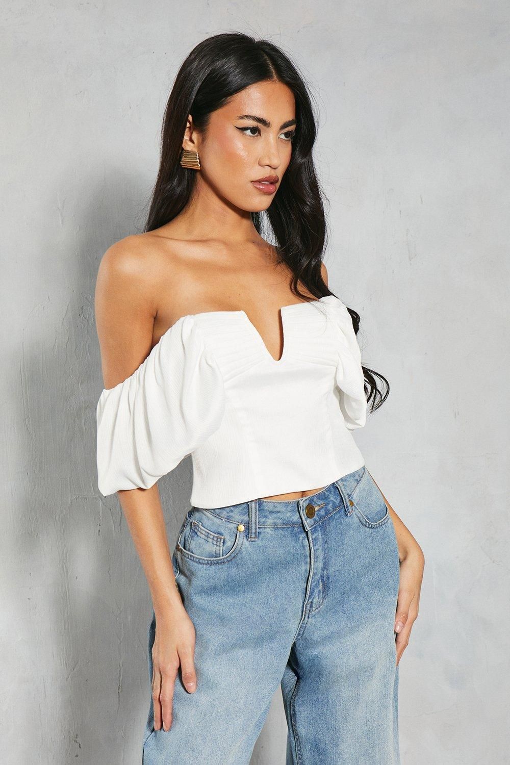 MissPap Textured Satin Pleated Bust Frill Bardot Top Ivory image 1