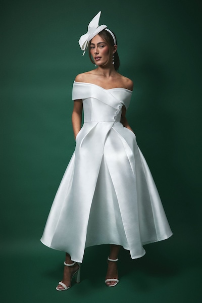 Coast Lisa Tan Twill Bardot Waisted Midi Wedding Dress Ivory