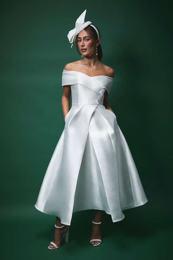 Coast Lisa Tan Twill Bardot Waisted Midi Wedding Dress Ivory