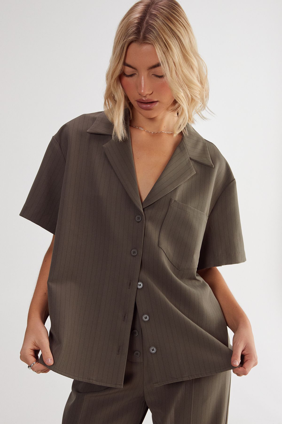 NastyGal Pinstripe Revere Shirt Khaki image 1