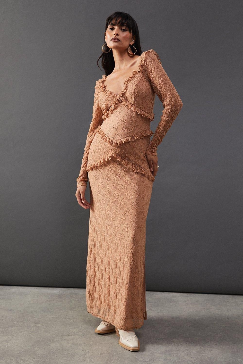 Warehouse Mixed Lace Sweetheart Neck Maxi Dress Taupe image 1