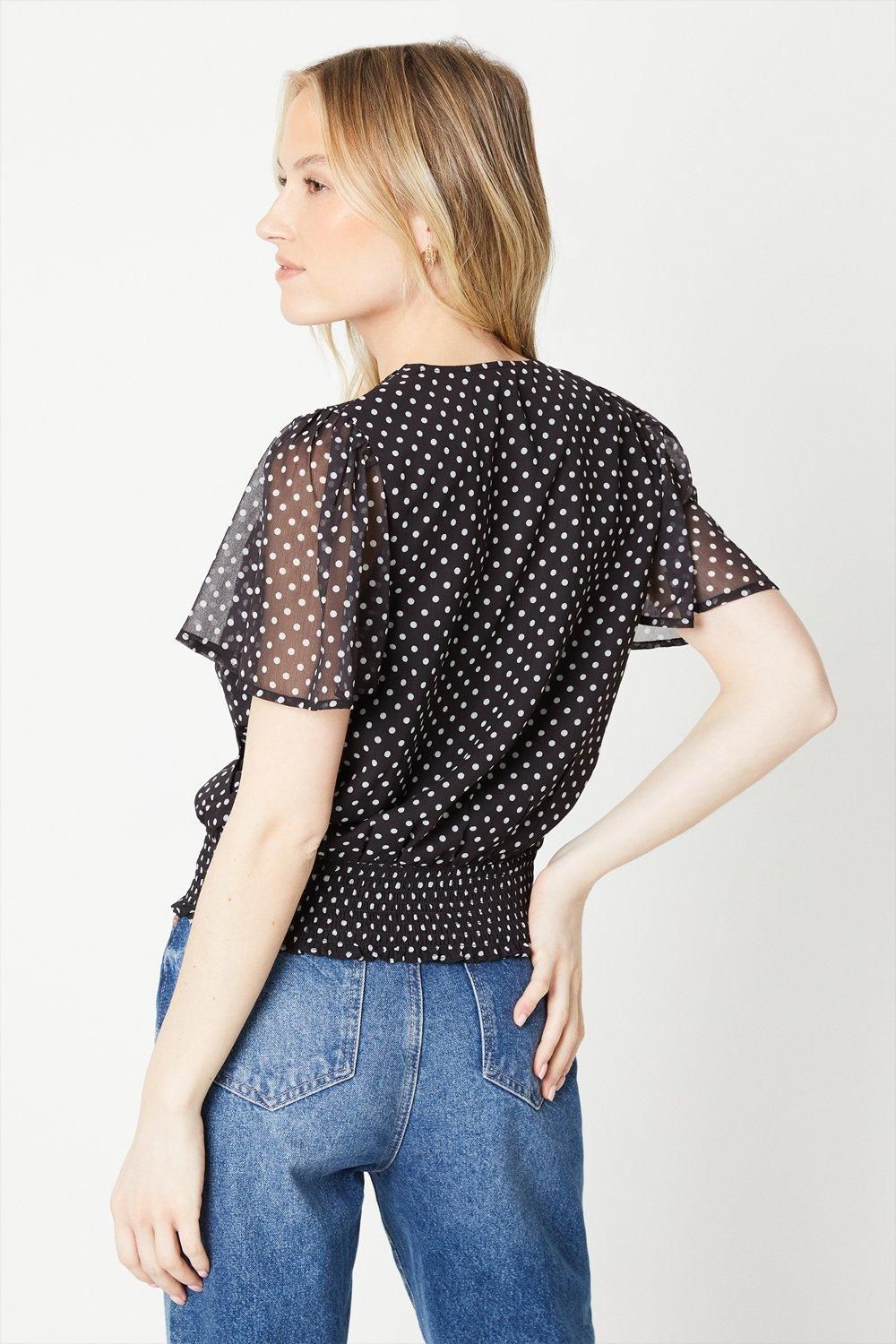 Dorothy Perkins Spot Chiffon Shirred Hem Wrap Blouse Black image 3