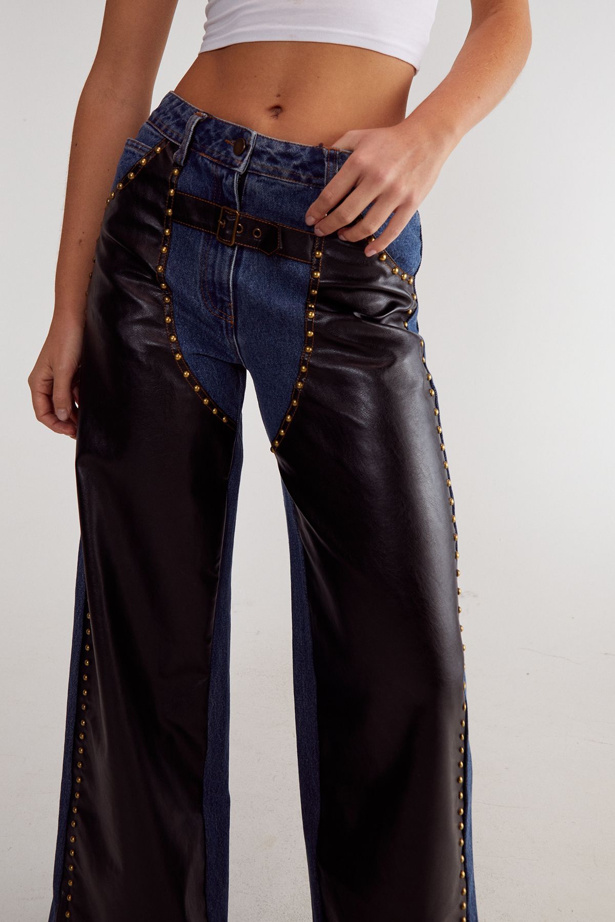 NastyGal Denim Pu Mix Chaps Dark Wash image 3