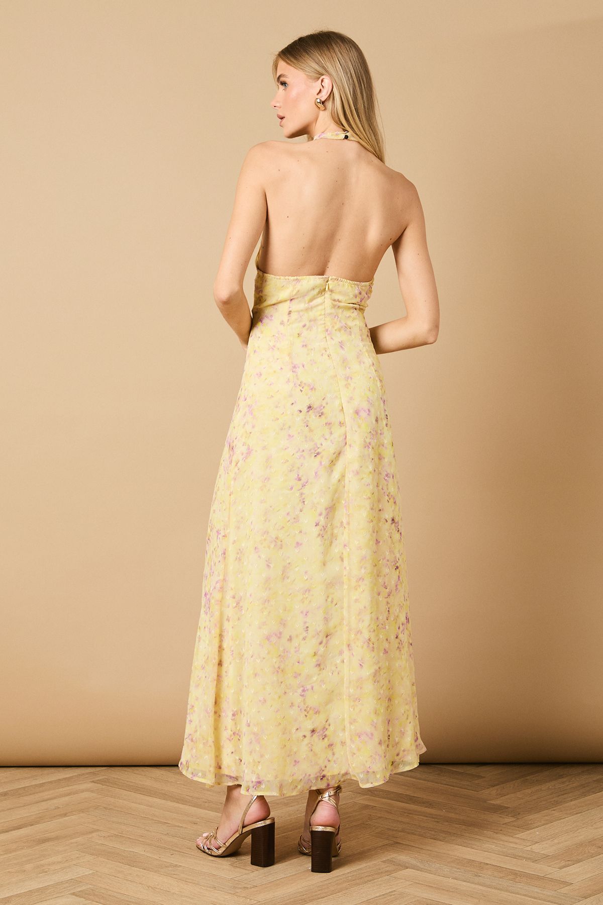 Oasis Printed Mesh Dobby Halterneck Dress Yellow image 4