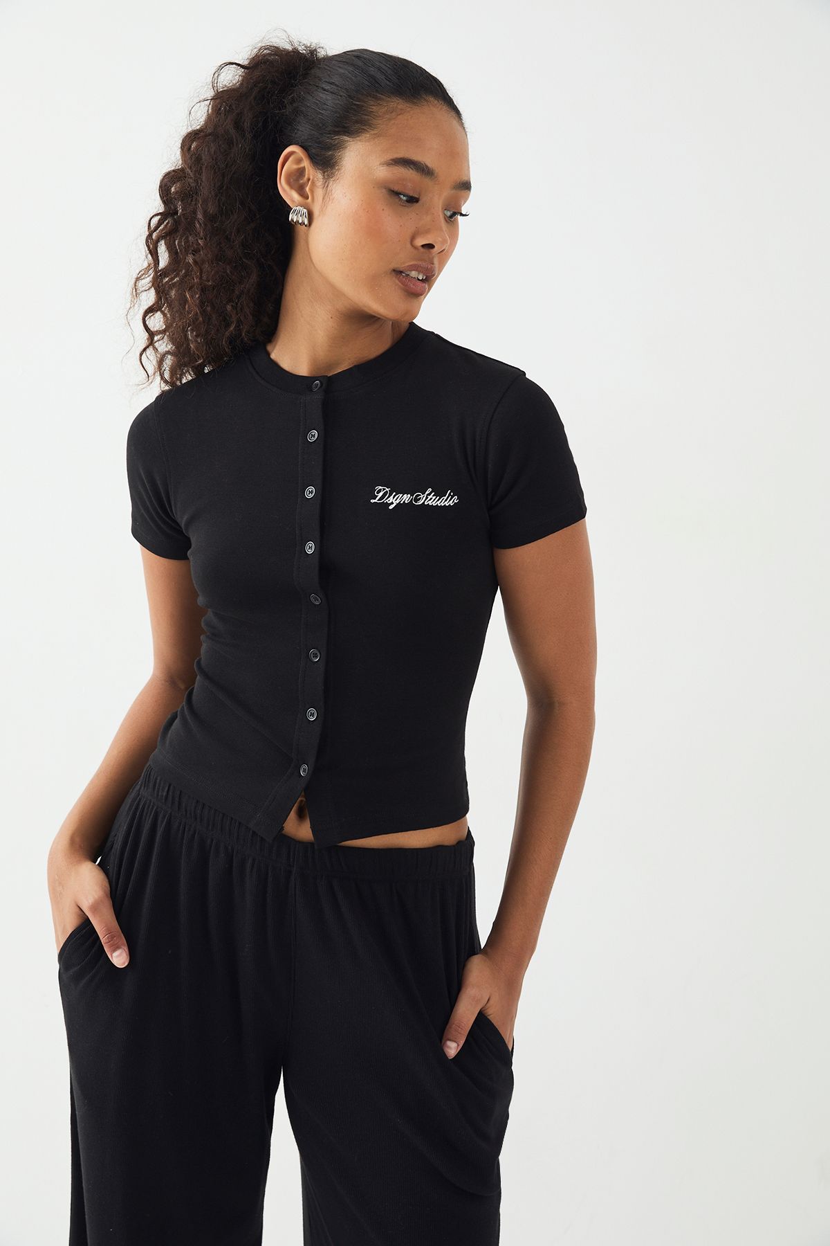 DSGN Studio DSGN Studio Script Embroidery Ribbed Button Through Short Sleeve Top Black image 3