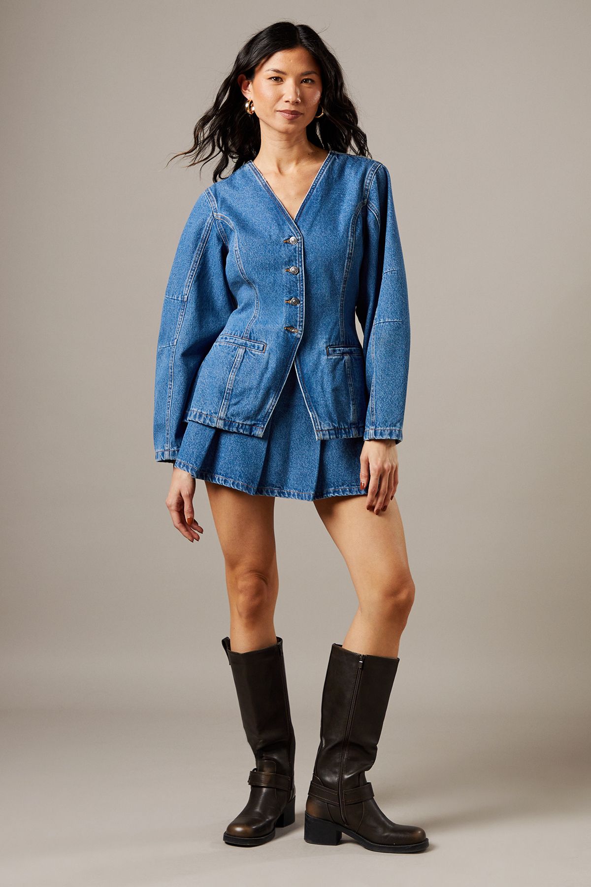 Warehouse Denim Pleated Mini Skirt Mid Blue image 2