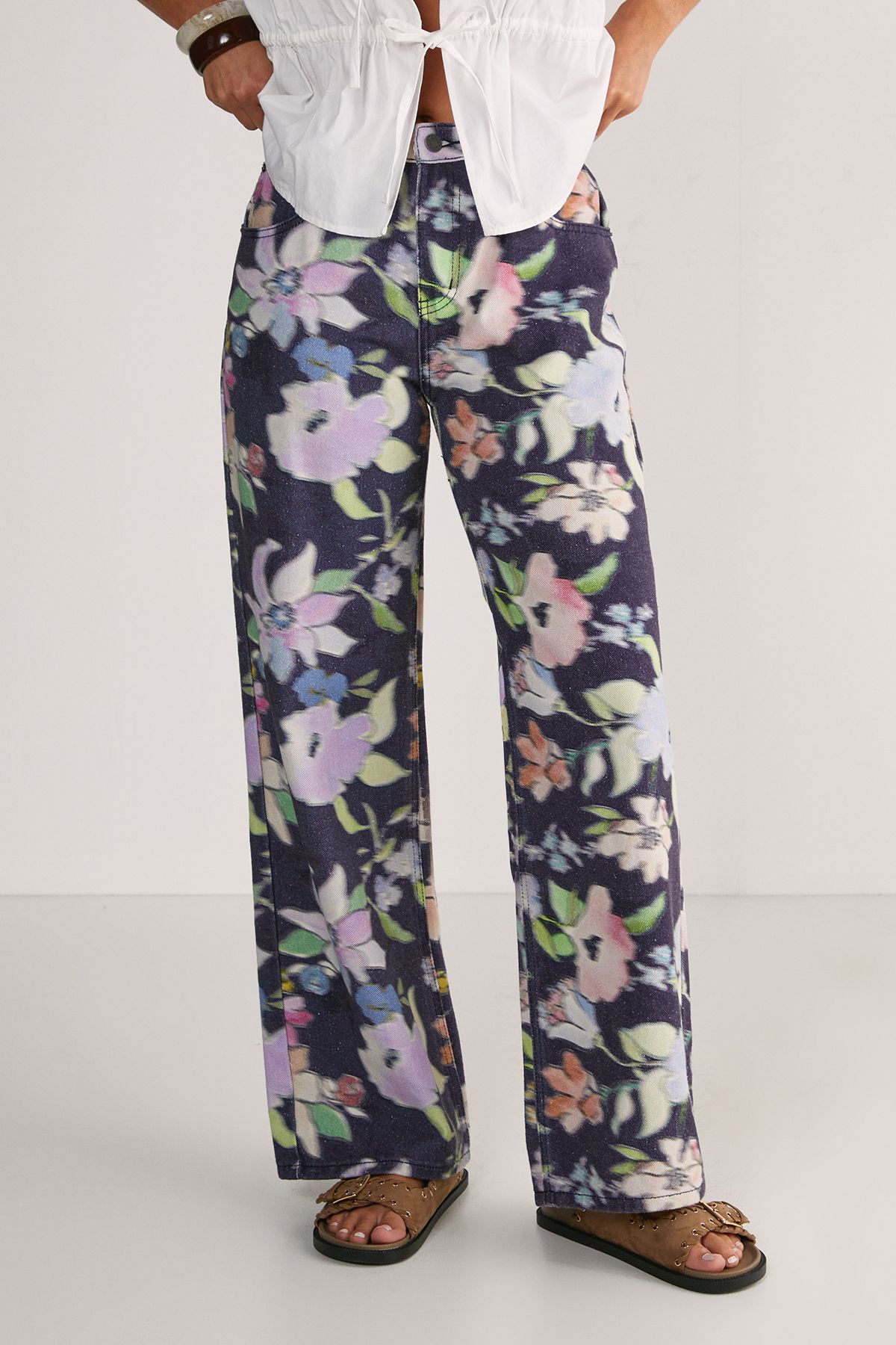 NastyGal Floral Print Denim Wide Leg Jean Black image 2