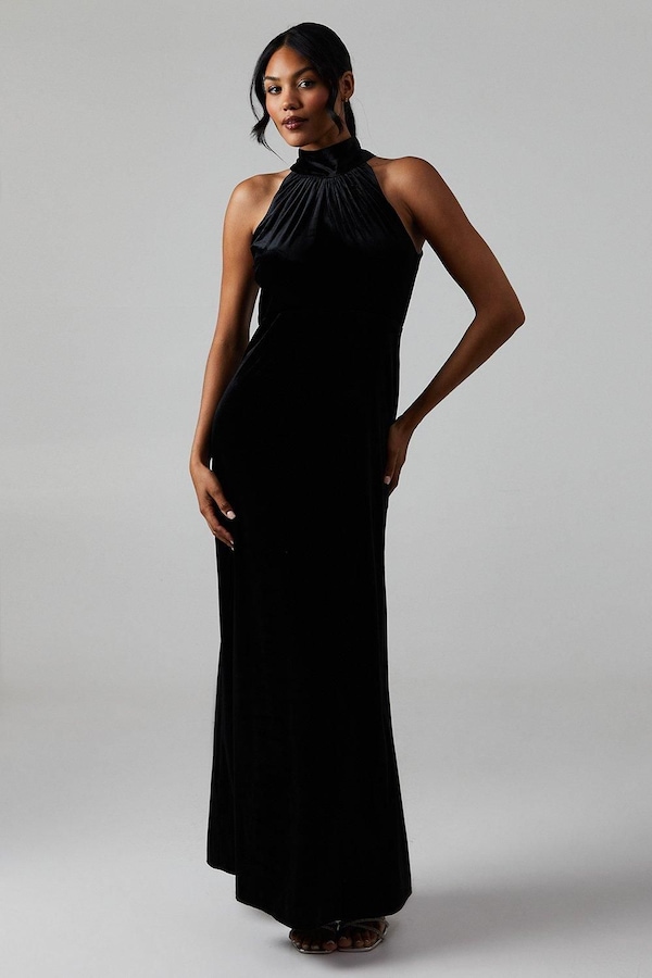 Oasis Oasis By Coast Velvet Halter Bias Cut Maxi Bridesmaid Dress Black