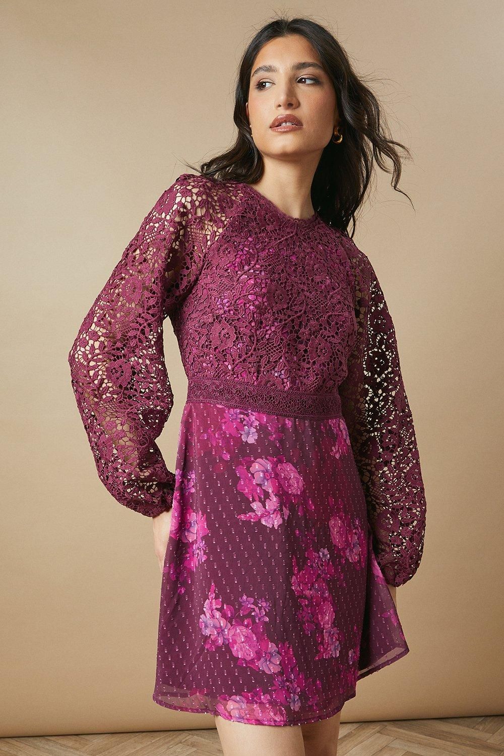 Oasis Occasion Floral Lace Bodice Mini Dress Berry image 1