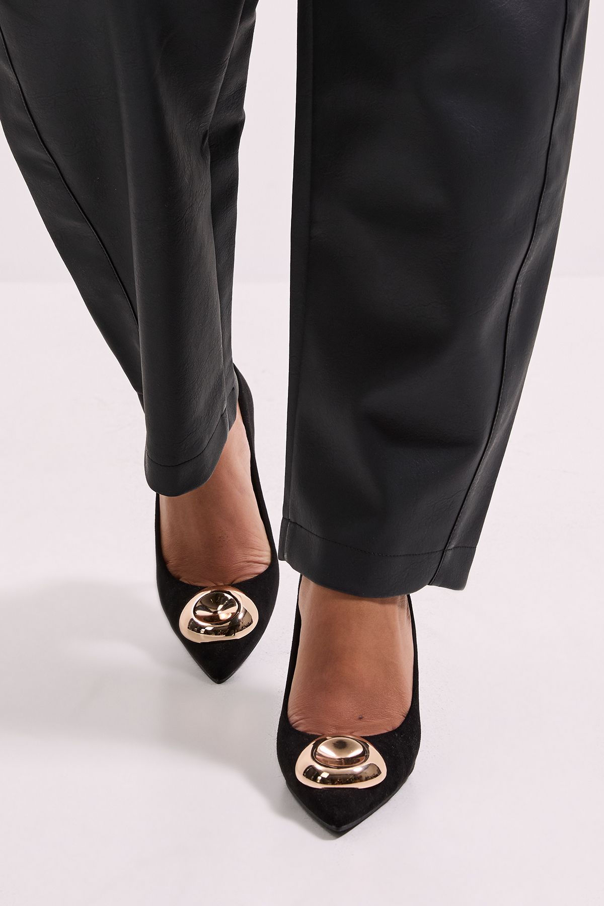 MissPap Faux Suede Metal Trim Detail High Stiletto Heel Court Shoes Natural Black image 2