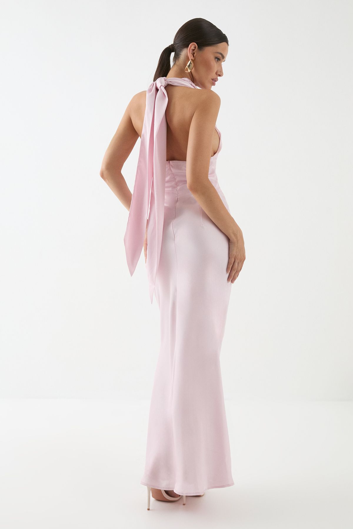 MissPap Satin Cowl Wrap Neck Maxi Dress Pink image 3